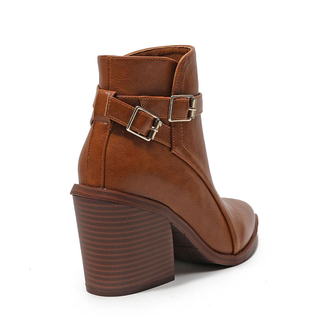 Chelsea Style Pointed Toe Buckle Strap Block Heel Ankle Boots - Caramel