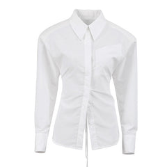 Shoulder Pad Pointed Collar Tie String Blouse - White
