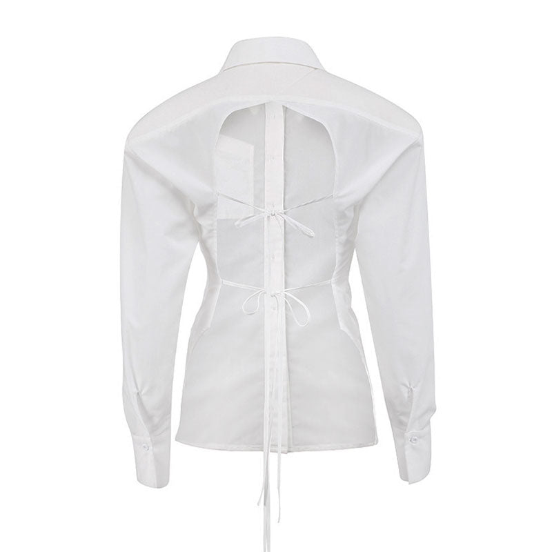 Shoulder Pad Pointed Collar Tie String Blouse - White
