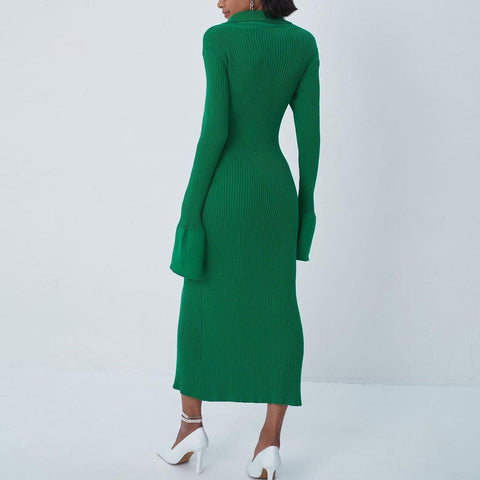 Long Sleeve Split Trim Rib Knit Maxi Dress - Green