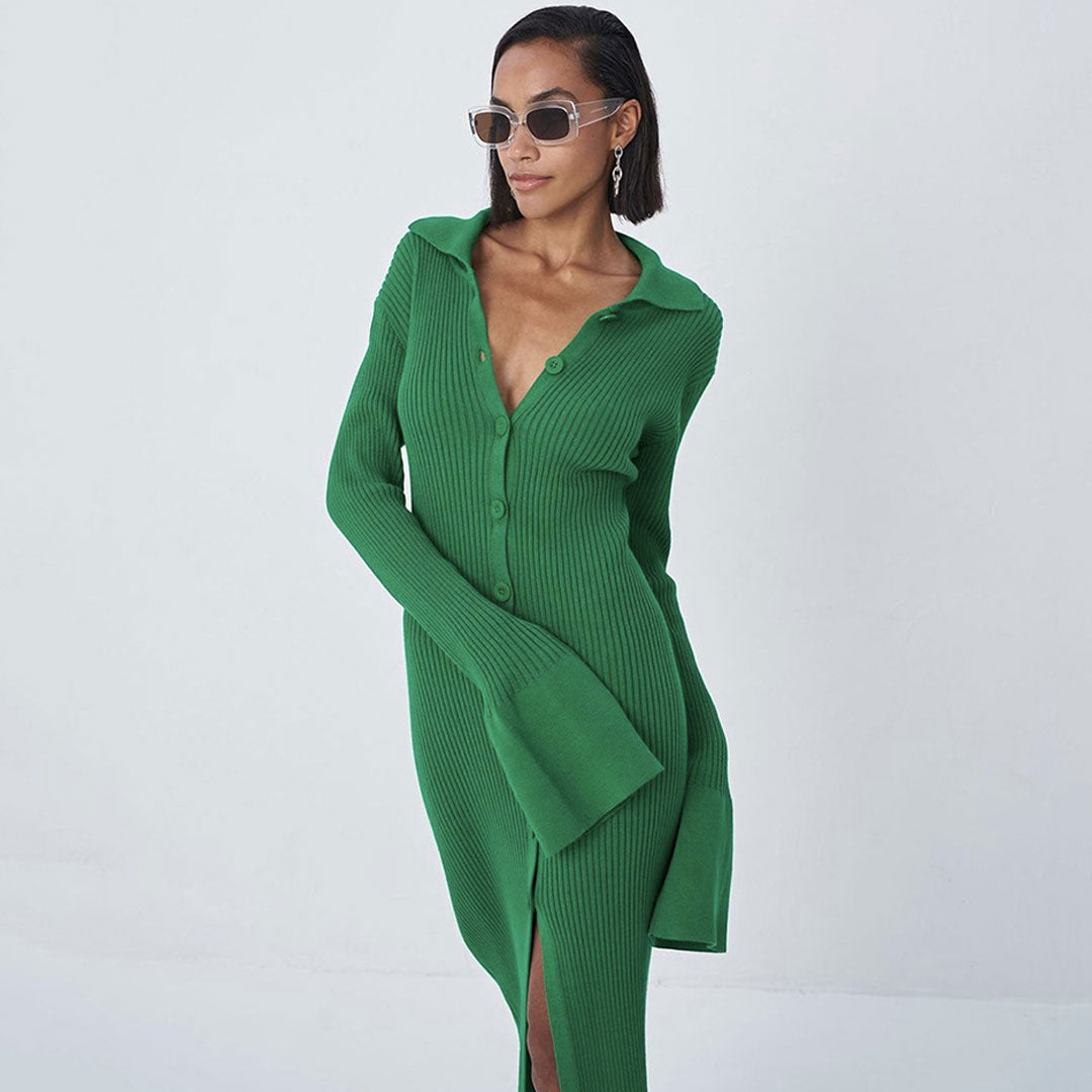 Long Sleeve Split Trim Rib Knit Maxi Dress - Green