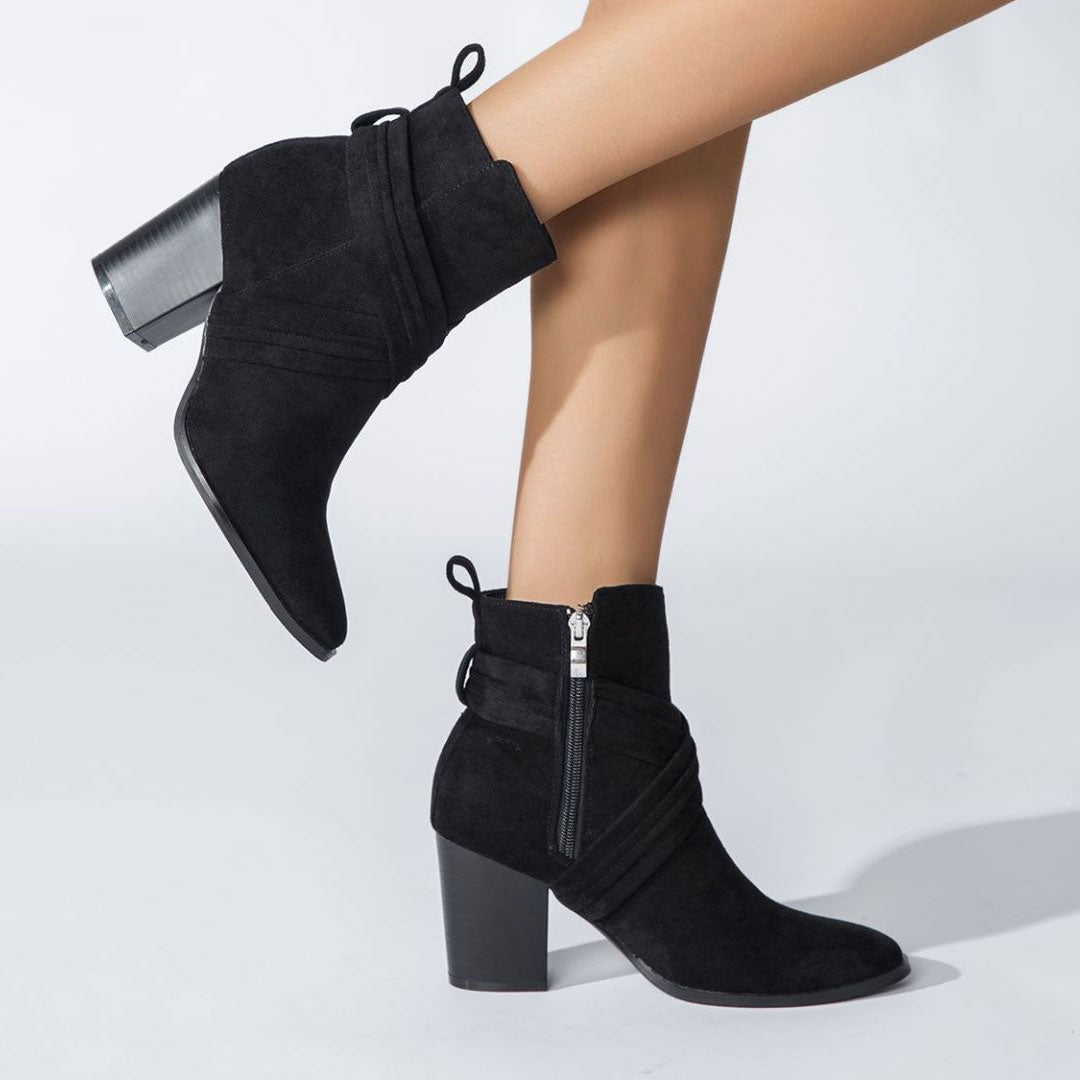 Pointed Toe Block Heel Suede Ankle Boots - Black