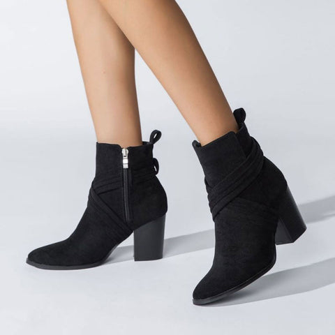 Pointed Toe Block Heel Suede Ankle Boots - Black