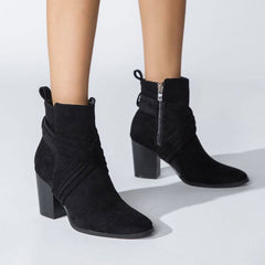 Pointed Toe Block Heel Suede Ankle Boots - Black
