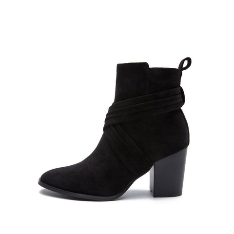 Pointed Toe Block Heel Suede Ankle Boots - Black