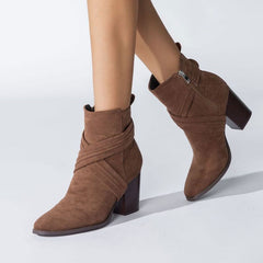 Pointed Toe Block Heel Suede Ankle Boots - Brown