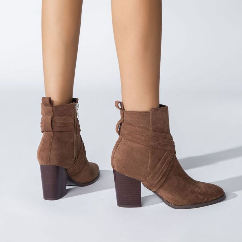 Pointed Toe Block Heel Suede Ankle Boots - Brown