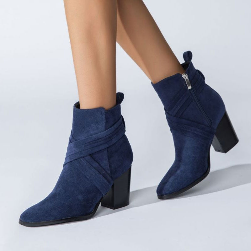 Pointed Toe Block Heel Suede Ankle Boots - Navy Blue