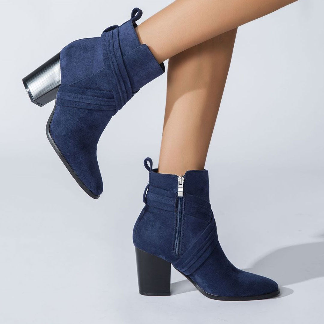 Pointed Toe Block Heel Suede Ankle Boots - Navy Blue