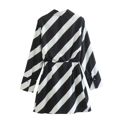 Diagonal Stripe Print Shoulder Pad Deep V Wrap Mini Dress - Black