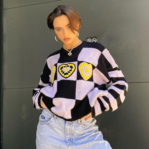 Suéter de manga larga con corazones a cuadros - Morado