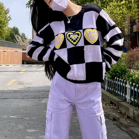 Suéter de manga larga con corazones a cuadros - Morado