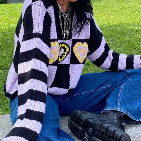 Suéter de manga larga con corazones a cuadros - Morado