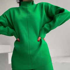 High Neck Rib Knit Pullover Sweater Wide Leg Pants Matching Set - Green