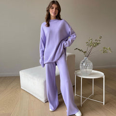 High Neck Rib Knit Pullover Sweater Wide Leg Pants Matching Set - Purple