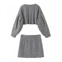 Houndstooth Cropped Quilted Jacket Bodycon Mini Skirt Matching Set - Black