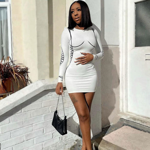 Long Sleeve Contour Drawn Print Bodycon Mini Dress - White