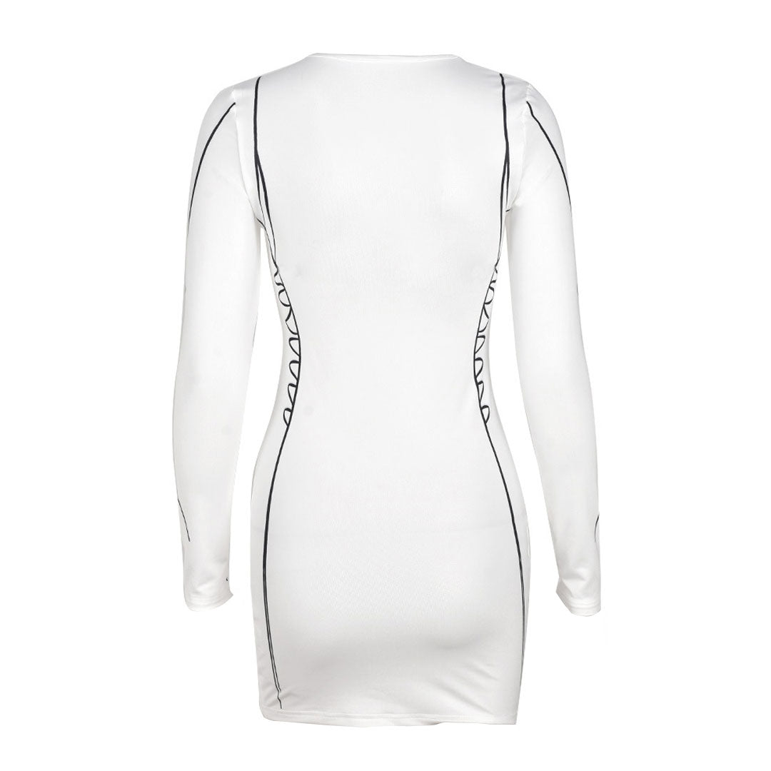 Long Sleeve Contour Drawn Print Bodycon Mini Dress - White