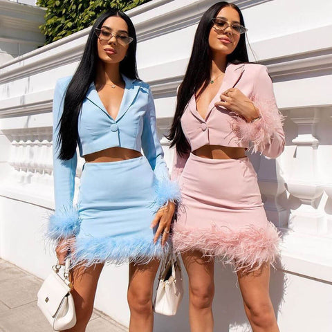 Long Sleeve Crop Blazer Trim Mini Skirt Matching Set - Blue