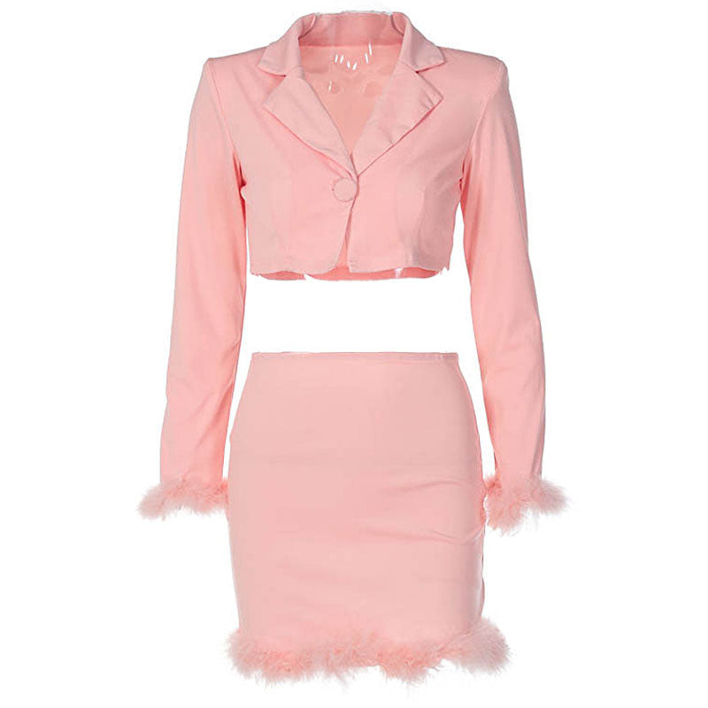 Long Sleeve Crop Blazer Trim Mini Skirt Matching Set - Pink