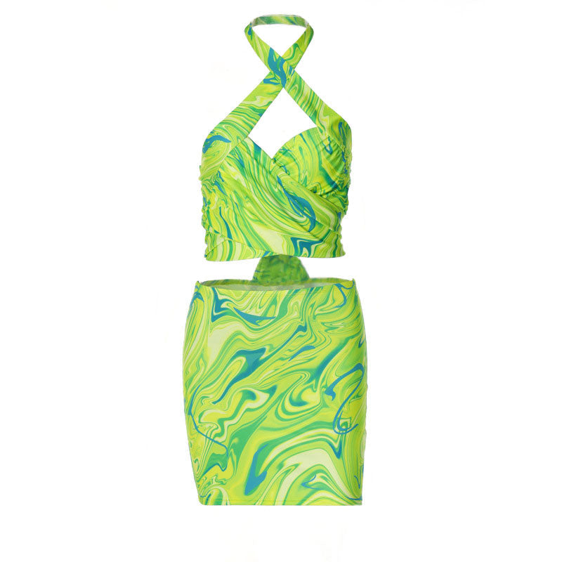 Marble Print Sleeveless Top Bodycon Mini Skirt Matching Set - Green