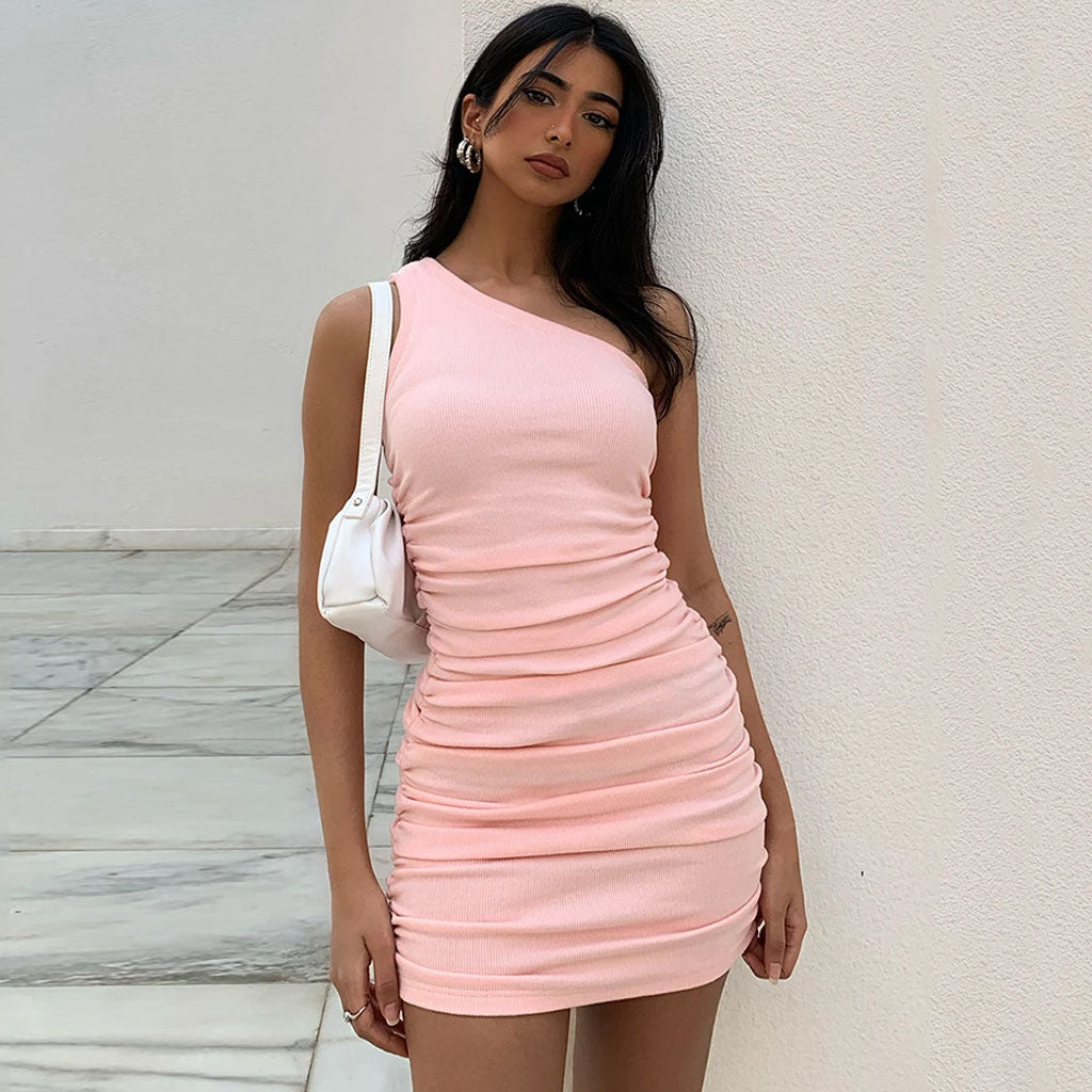 One Shoulder Sleeveless Ribbed Bodycon Ruched Mini Dress - Pink