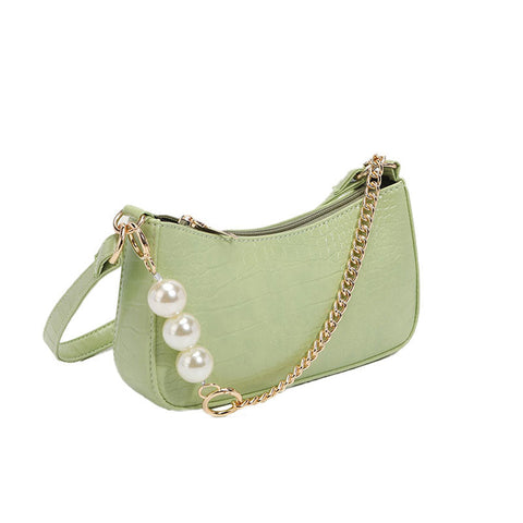 Bolso baguette con cadena gruesa de perlas y estampado de cocodrilo - Verde salvia