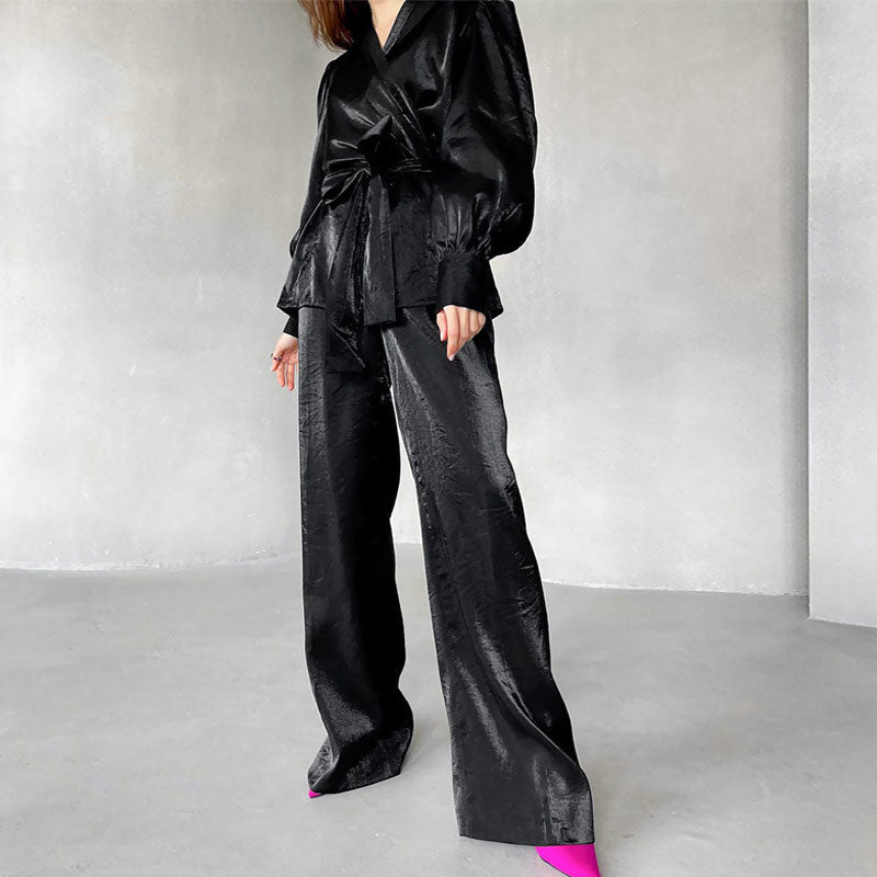 Puff Sleeve Wrap Blouse High Waist Wide Leg Pants Matching Set - Black