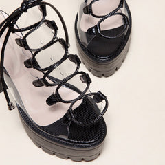 Lace Up Peep Toe Lug Sole Chunky High Heel Platform Boots - Black