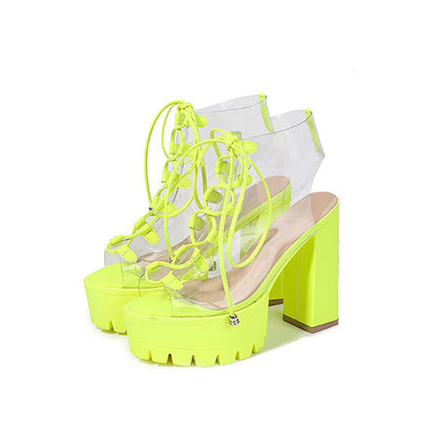 Lace Up Peep Toe Lug Sole Chunky High Heel Platform Boots - Green