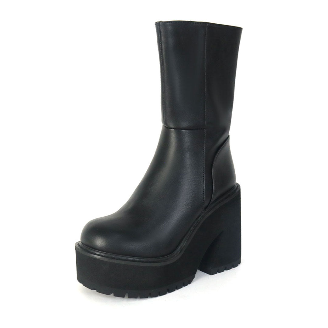 Side Zipper Block Heel Platform Lug Sole Mid Calf Boots - Black