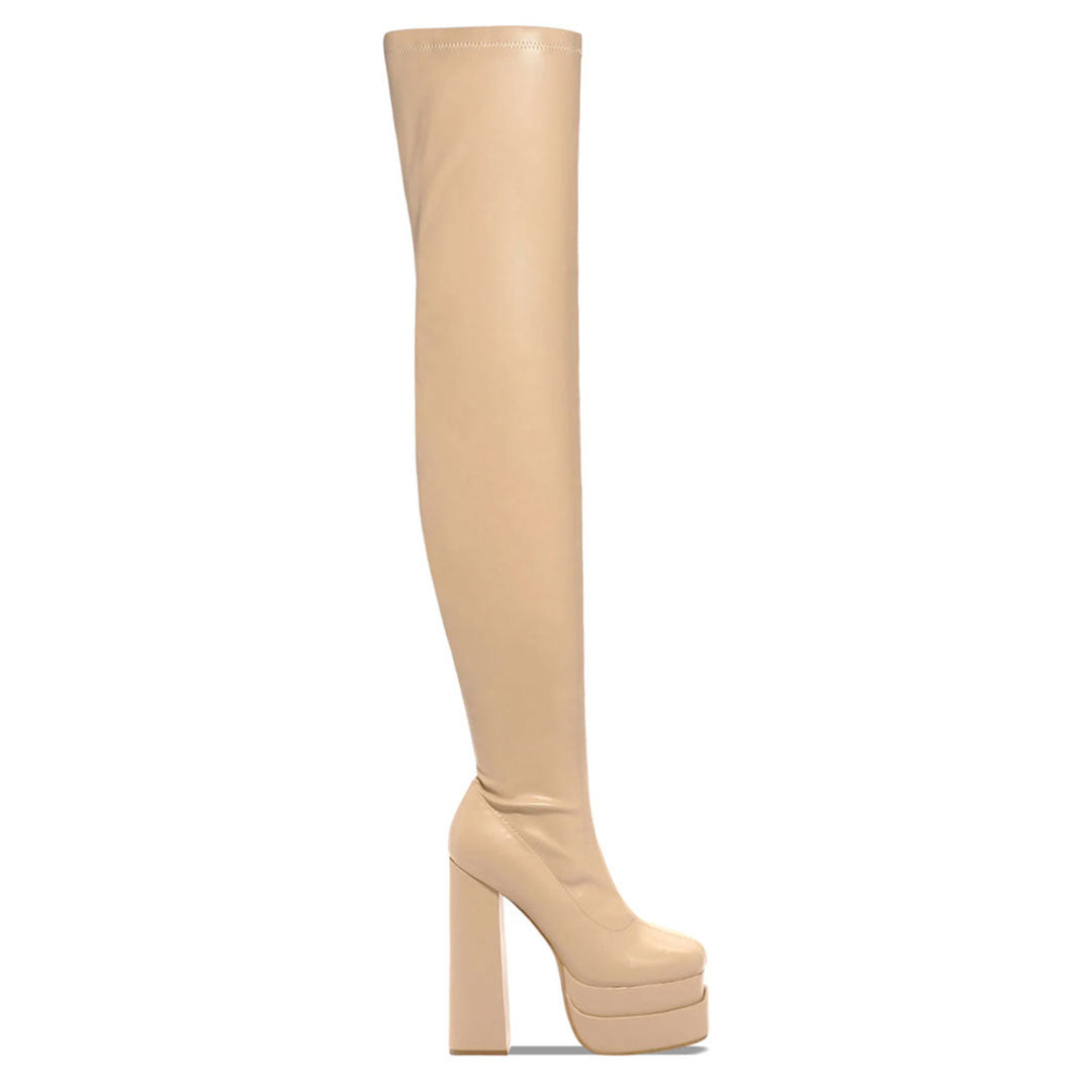 Square Toe Platform Over Knee Chunky High Heel Boots - Apricot