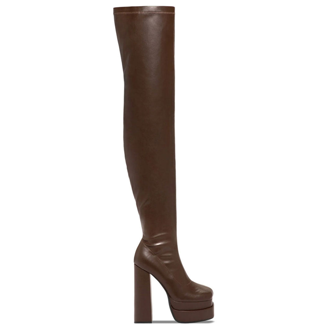 Overknee-Stiefel mit quadratischer Zehenpartie und Plateausohle und klobigem High Heel - Kaffee