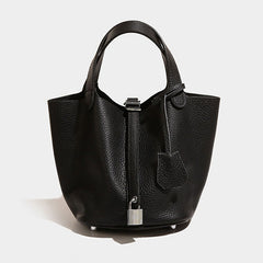 Textured Solid Color Padlock Trim Handle Bag - Black