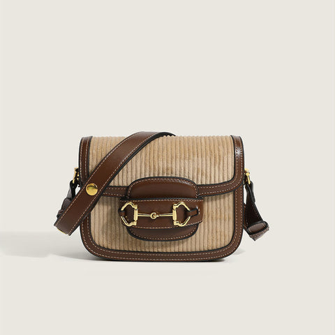 Textured Suspender Strap Flap Front Velvet Shoulder Bag - Khaki