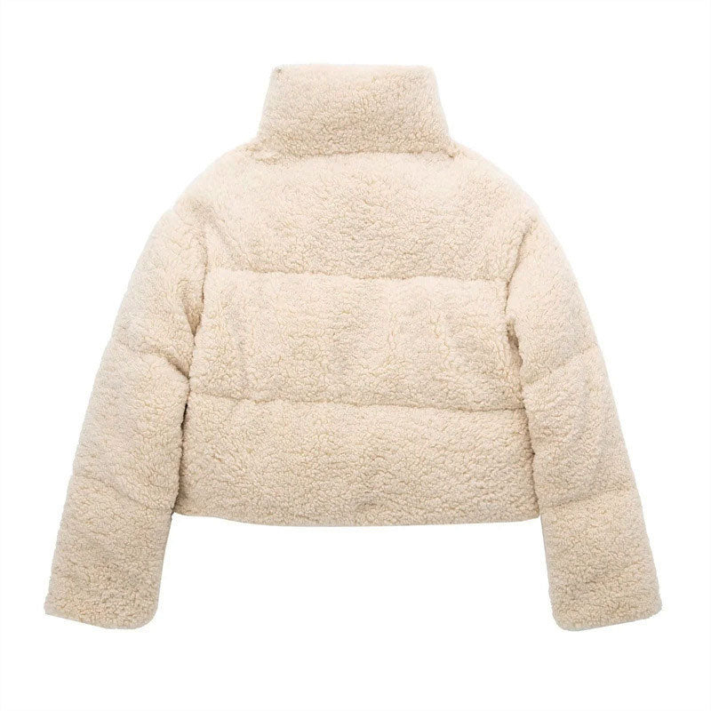 Zipped Long Sleeve Stand Collar Cropped Puffer Coat - Beige