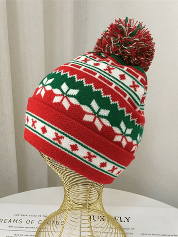 Weihnachts-Strickmütze mit Jacquard-Pompon