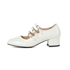 Classic Buckle Strap Patent Block Heel Mary Jane Pumps - White