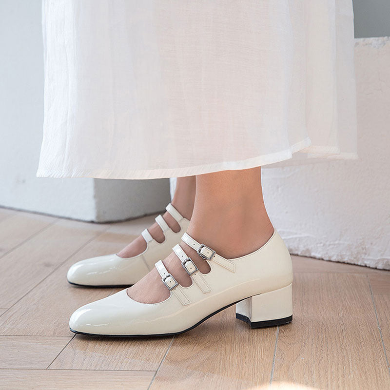Classic Buckle Strap Patent Block Heel Mary Jane Pumps - White