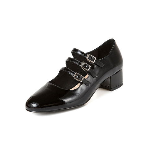 Classic Buckle Strap Patent Block Heel Mary Jane Pumps - Black