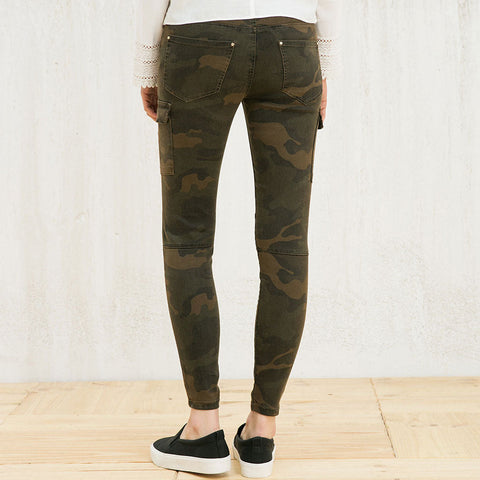 Classic Camo Print Patch Pocket Mid Waist Skinny Jeans - Green