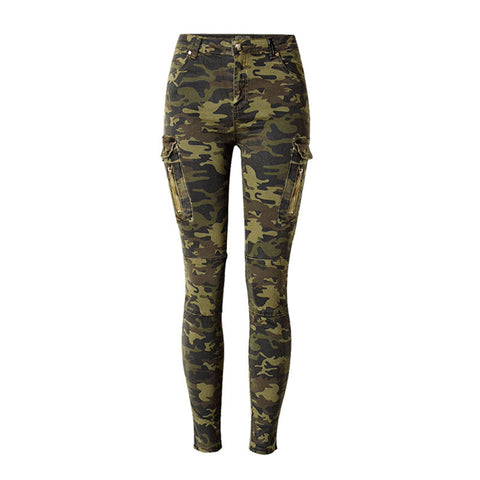 Classic Camo Print Patch Pocket Mid Waist Skinny Jeans - Green