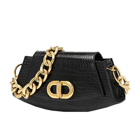 Bolso de hombro clásico dorado con cadena gruesa y estampado de cocodrilo - Negro