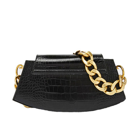 Bolso de hombro clásico dorado con cadena gruesa y estampado de cocodrilo - Negro