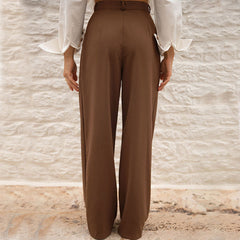 Classic High Waist Straight Leg Slant Pocket Pleated Tailored Pants - Brown