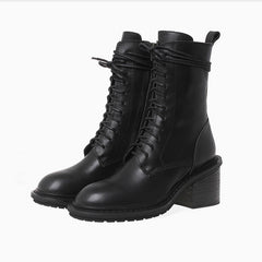 Classic Narrow Calf Lace Up Chunky Heel Combat Boots - Black
