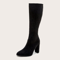 Classic Pointed Toe Chunky High Heel Suede Knee High Boots - Black