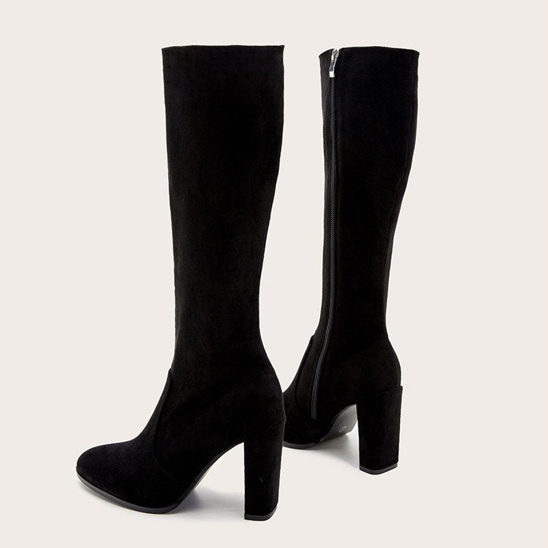 Classic Pointed Toe Chunky High Heel Suede Knee High Boots - Black