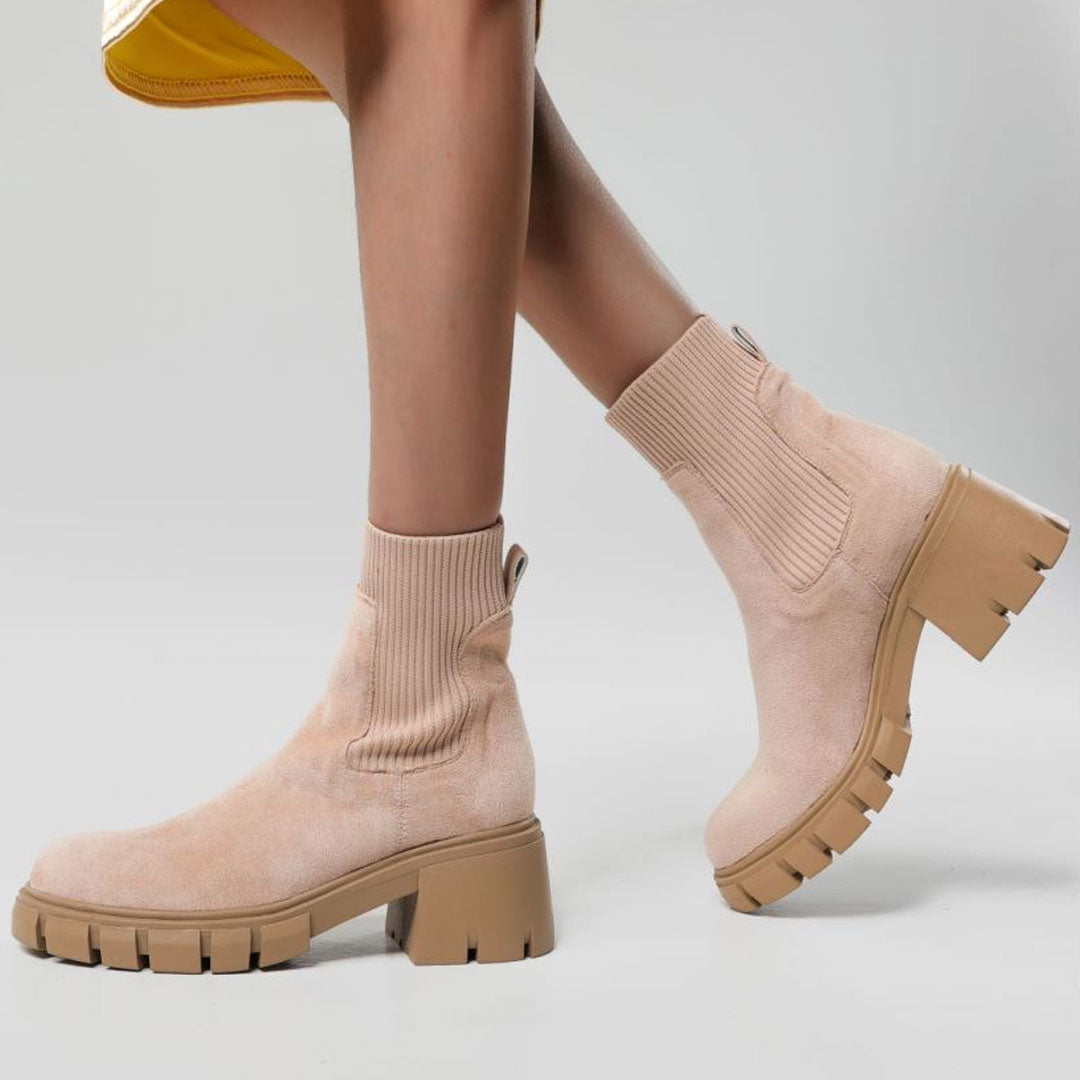 Classic Round Toe Lug Sole Suede Knit Sock Ankle Boots - Apricot
