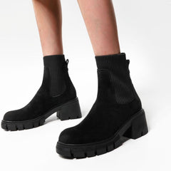 Classic Round Toe Lug Sole Suede Knit Sock Ankle Boots - Black